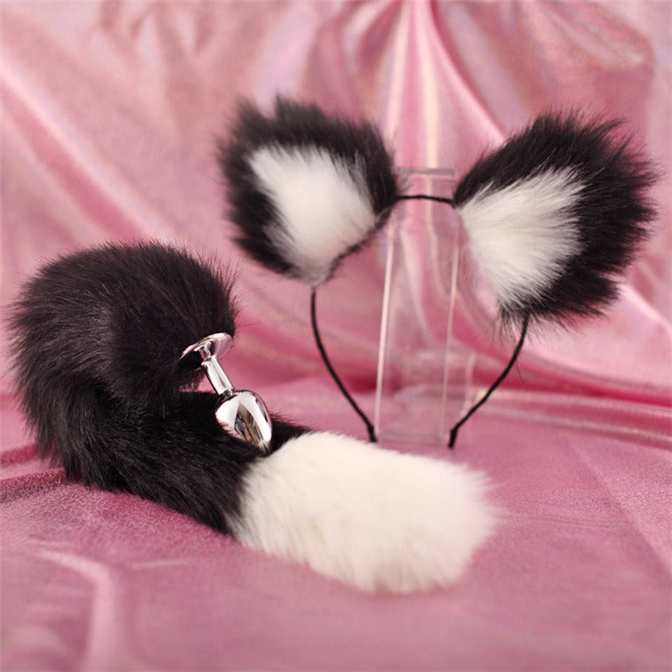 40cm Black Tailed White Pointed Bicolor Plush Hair Clip with Ears & Metal Anal Plug – Roleplay Expansion Set