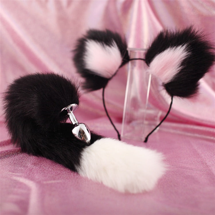 40cm Black Tailed White Pointed Bicolor Plush Hair Clip with Ears & Metal Anal Plug – Roleplay Expansion Set