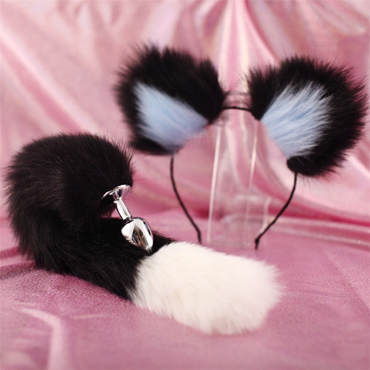 40cm Black Tailed White Pointed Bicolor Plush Hair Clip with Ears & Metal Anal Plug – Roleplay Expansion Set