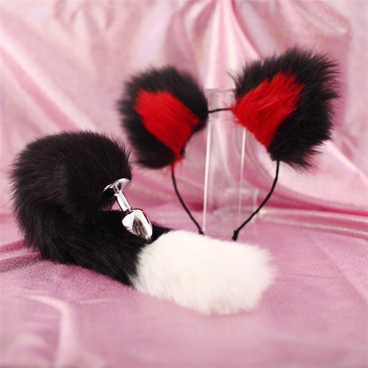 40cm Black Tailed White Pointed Bicolor Plush Hair Clip with Ears & Metal Anal Plug – Roleplay Expansion Set