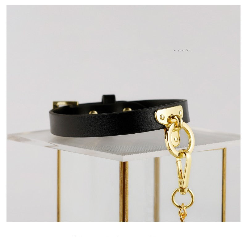 Leather Bondage Collar with Detachable Chain Leash