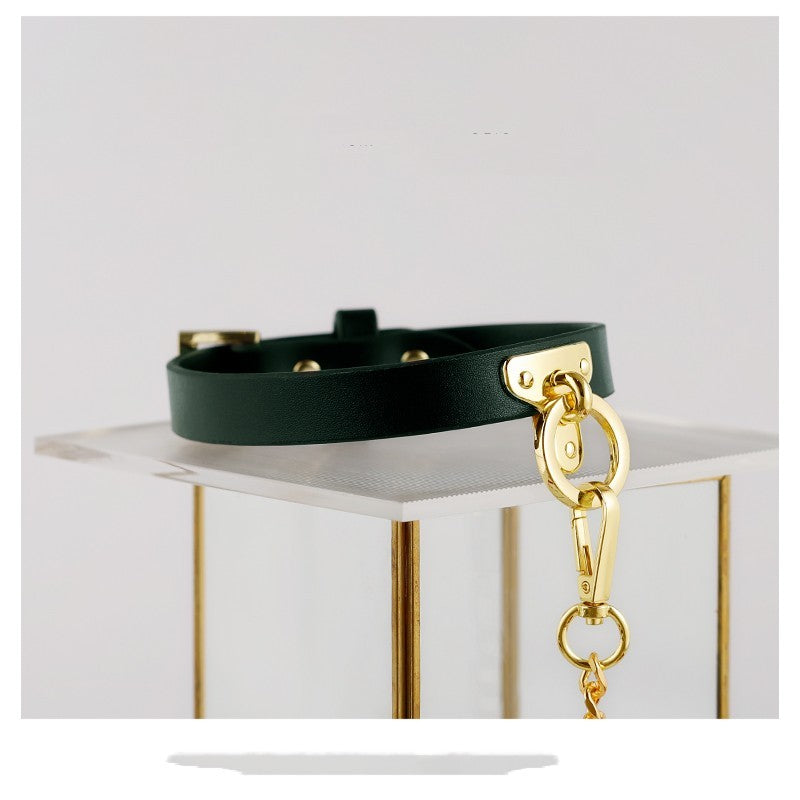 Leather Bondage Collar with Detachable Chain Leash