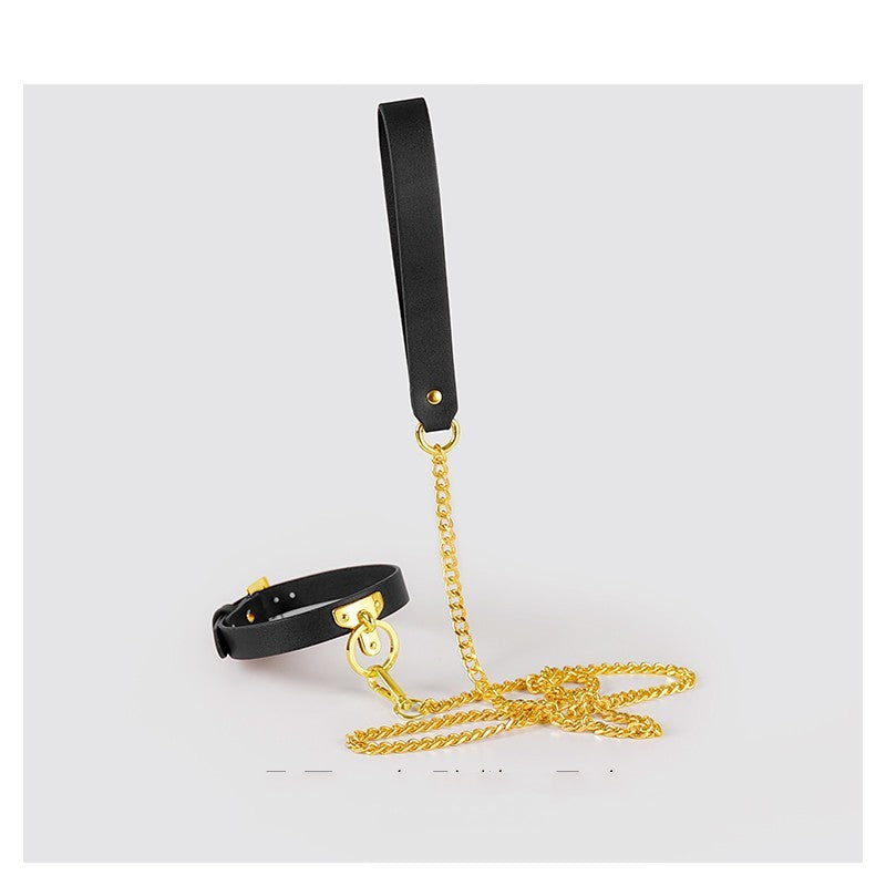 Leather Bondage Collar with Detachable Chain Leash