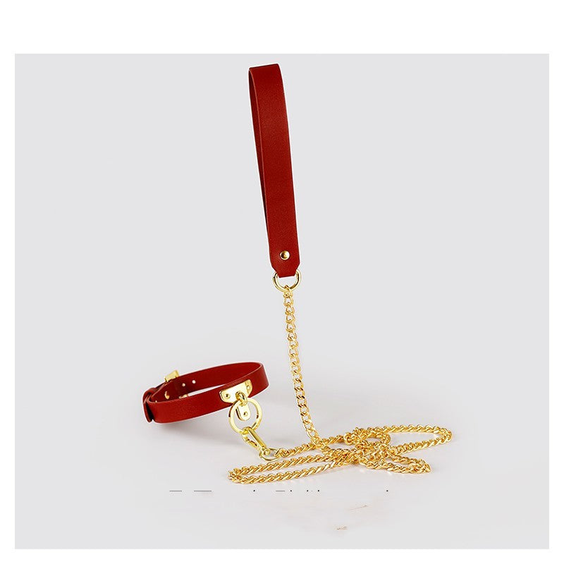 Leather Bondage Collar with Detachable Chain Leash
