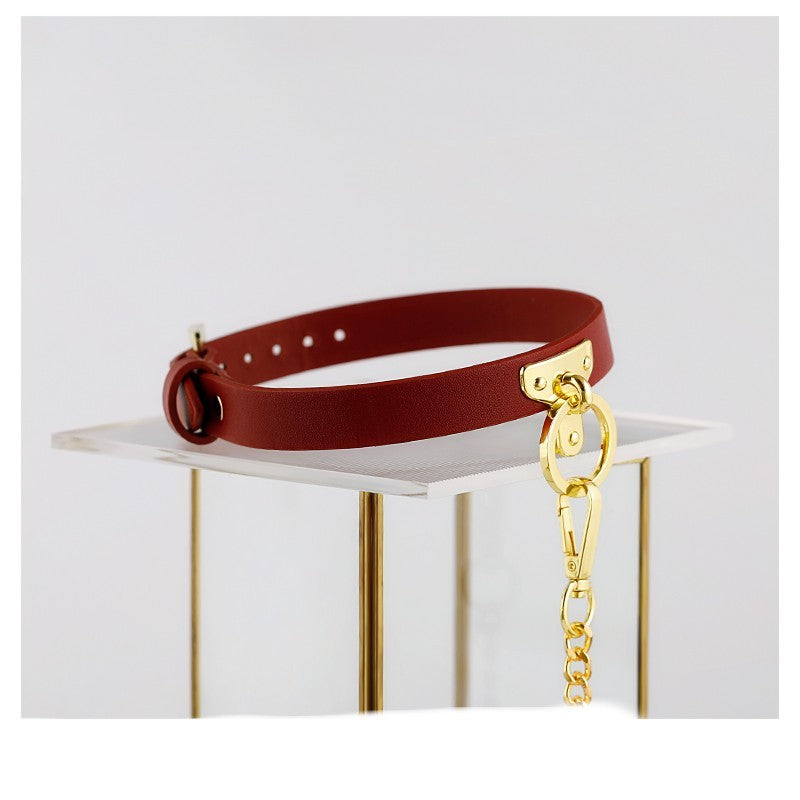 Leather Bondage Collar with Detachable Chain Leash