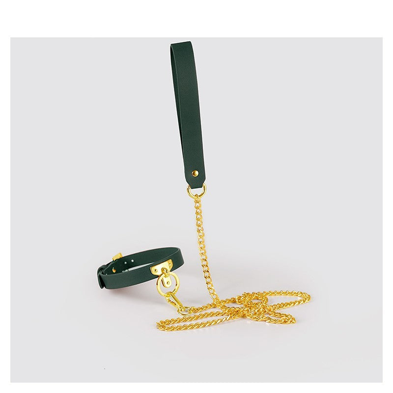 Leather Bondage Collar with Detachable Chain Leash